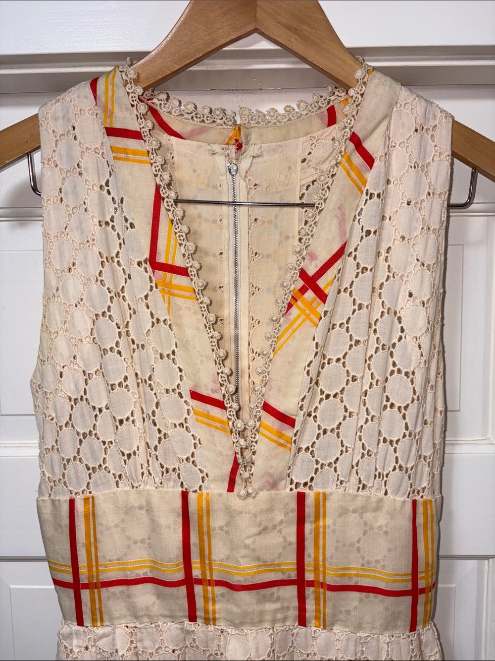 VINTAGE OOAK Cream Lace Maxi Dress with Yellow & Red Plaid Trim - Picture 2 of 11
